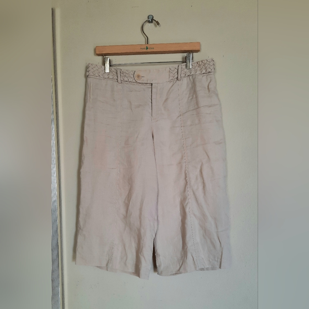 Nine West Tan Linen Wide Leg Cropped Capri Coastal Beachy Casual Coverup